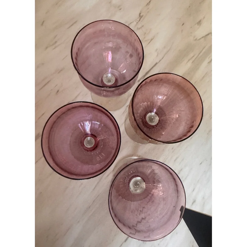 Vintage Amethyst Purple Iridescent Optic Ribbed Wine Glasses Set of 4, 6.5